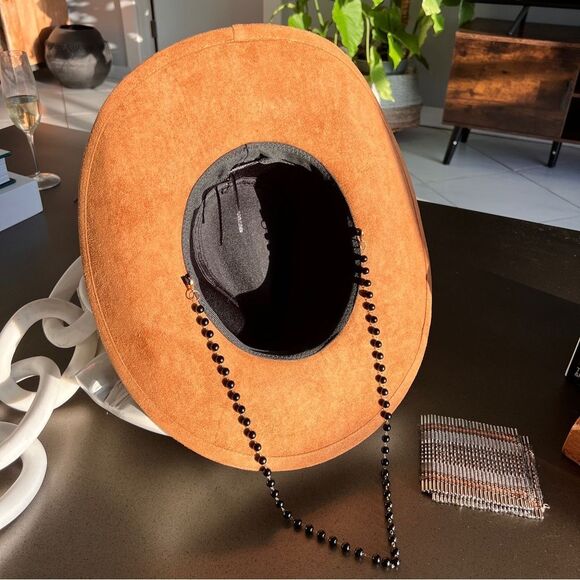 Tan Suede Wide-Brim Hat with Patterned Boho Band - Picture 5 of 7